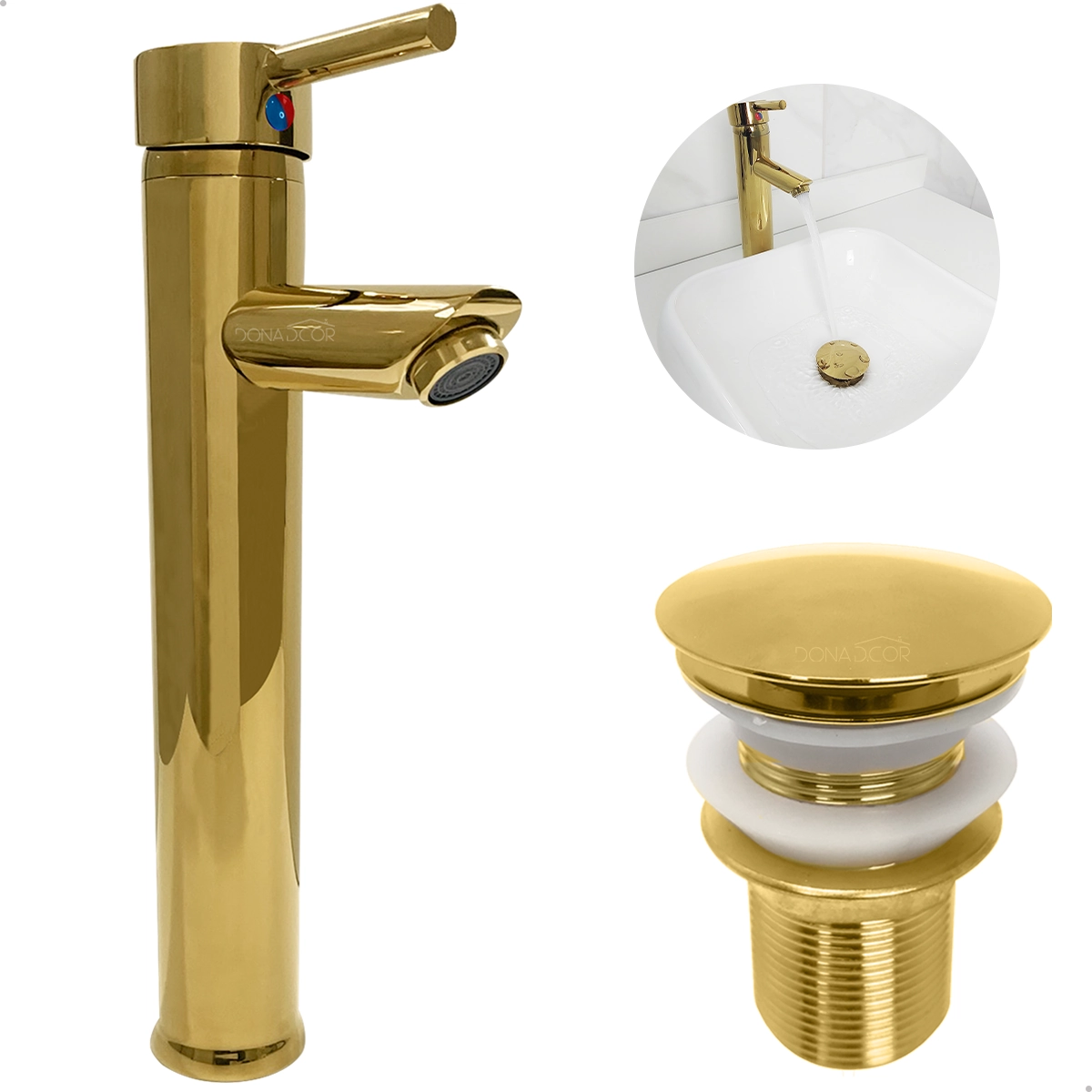 Torneira Dourada Bica Alta Para Pia Banheiro E Valvula Click 1 1/4 Inox Kit Lavabo Gold Luxo
