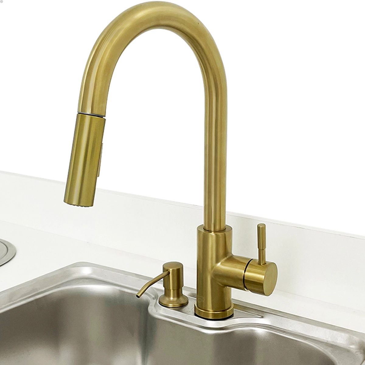 Torneira Dourada Escovada E Dispenser Porta Detergente 500ml Kit Pia Cozinha Gold Inox 304 Dosador De Embutir Torneira