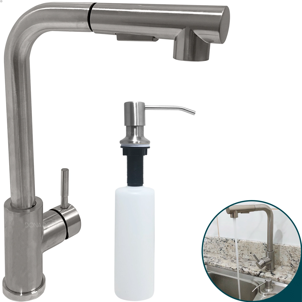 Torneira Gourmet Inox Escovado E Porta Detergente De Embutir 500ml Kit Pia Cozinha Dispenser Dosador