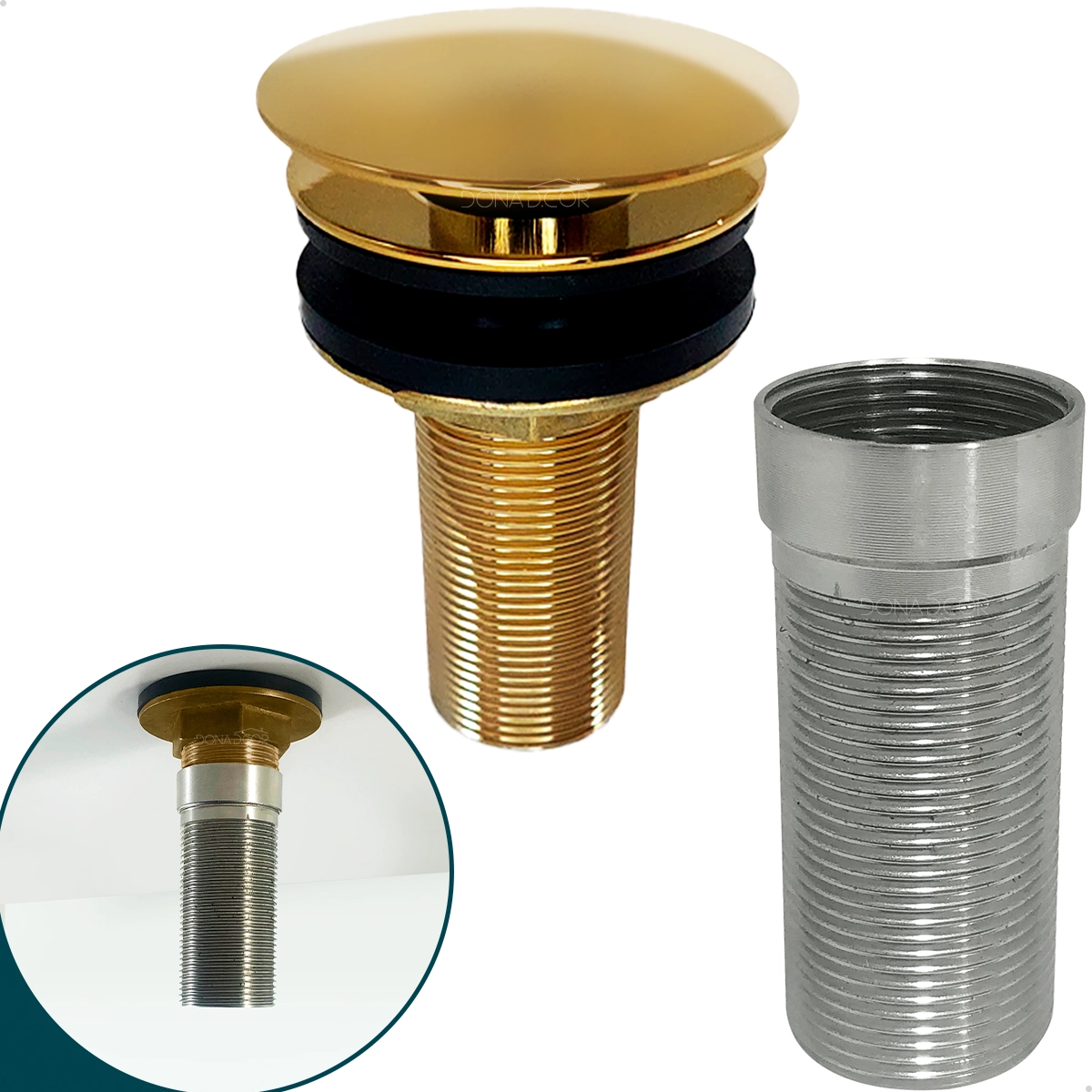 Valvula Click 7/8 Dourada Com Prolongador 14cm Para Cuba De Apoio Ralo De Pia Banheiro Cuba De Sobrepor Bancada Grossa