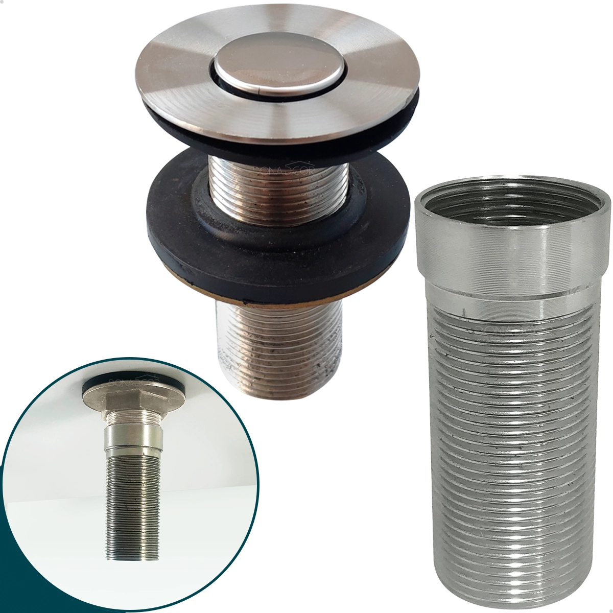 Valvula Click Com Prolongador Inox 14cm Para Cuba De Apoio 7/8 Ralo De Pia Banheiro Lavabo Valvula Longa Escoamento Cuba