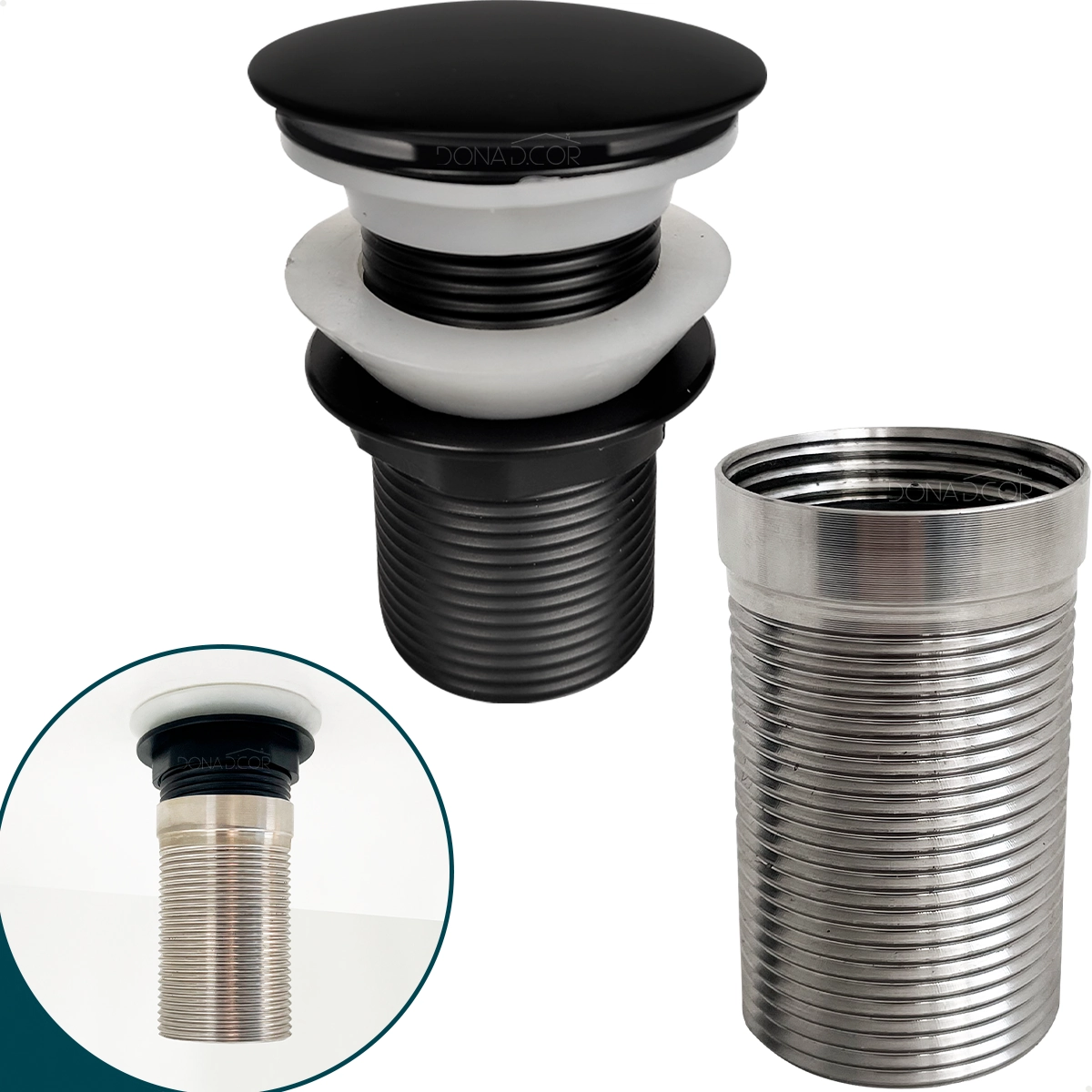 Valvula Click 1 1/4 Preta Com Prolongador 14cm Inox Para Cuba De Apoio Ralo De Pia Preto Escoamento Valvula Longa