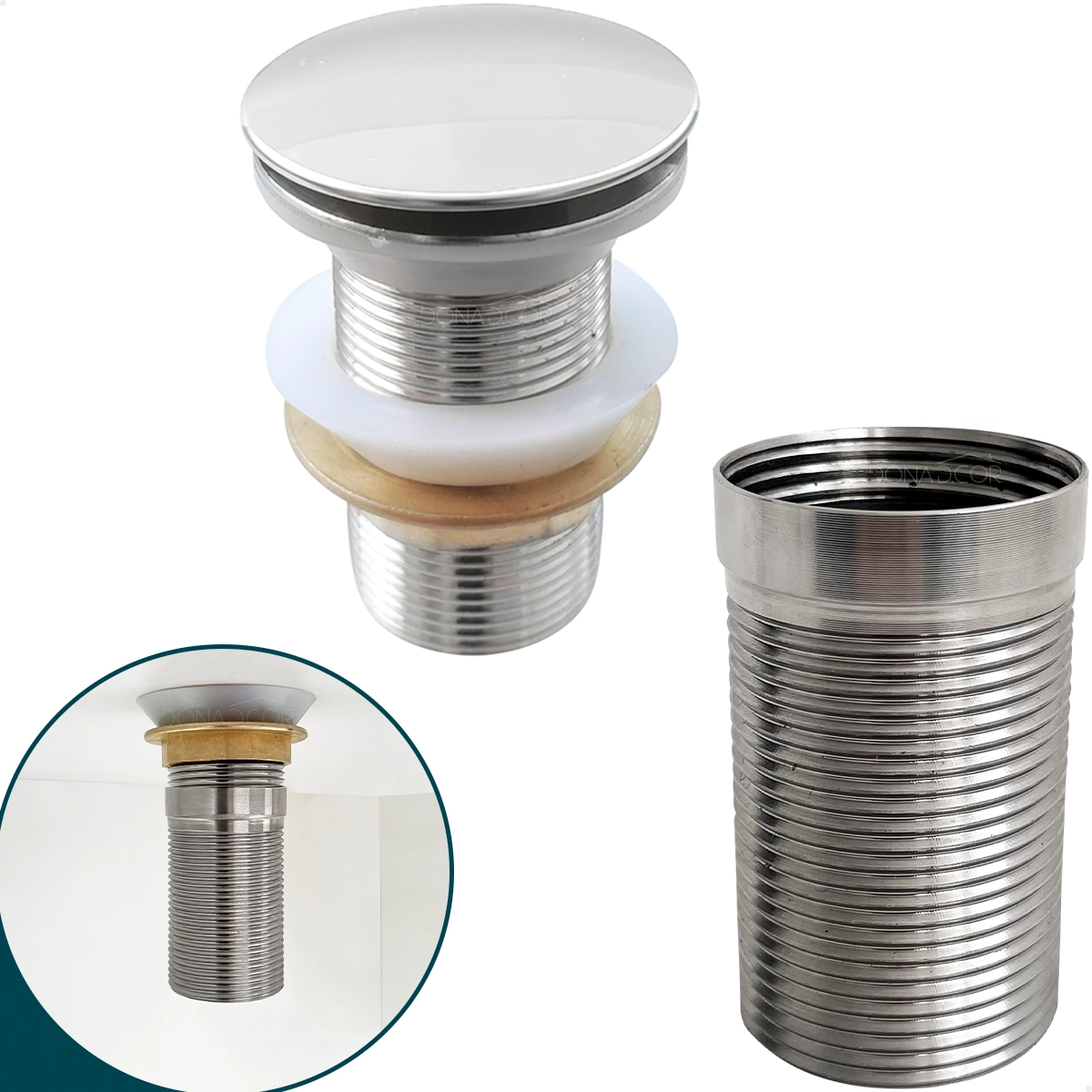 Valvula Click 1 1/4 Com Prolongador 14cm Inox Para Cuba De Apoio Ralo De Pia 40mm Escoamento Válvula Longa Lavatório