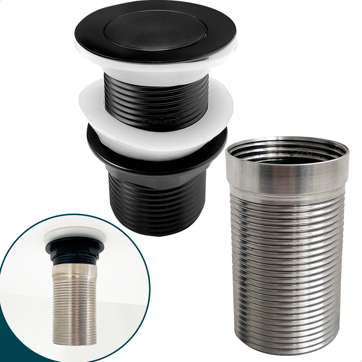 Valvula Click Preta 1 1/4 Com Prolongador 14cm Inox Para Cuba De Apoio Ralo De Pia 40mm Escoamento