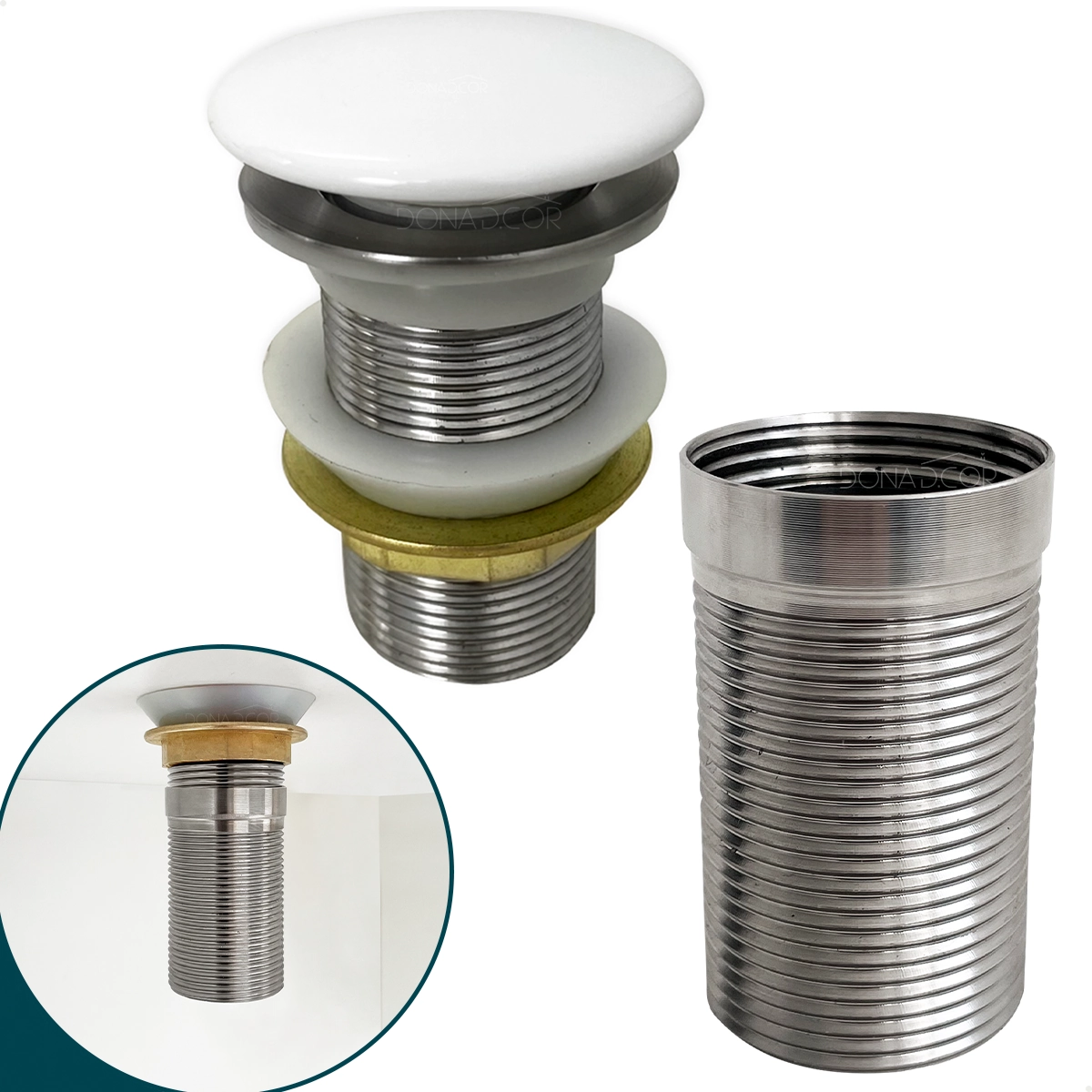 Valvula Click 1 1/4 Cerâmica Branca Com Prolongador 14cm Aço Inox Para Cuba De Apoio Sobrepor Ralo De Pia Escoamento