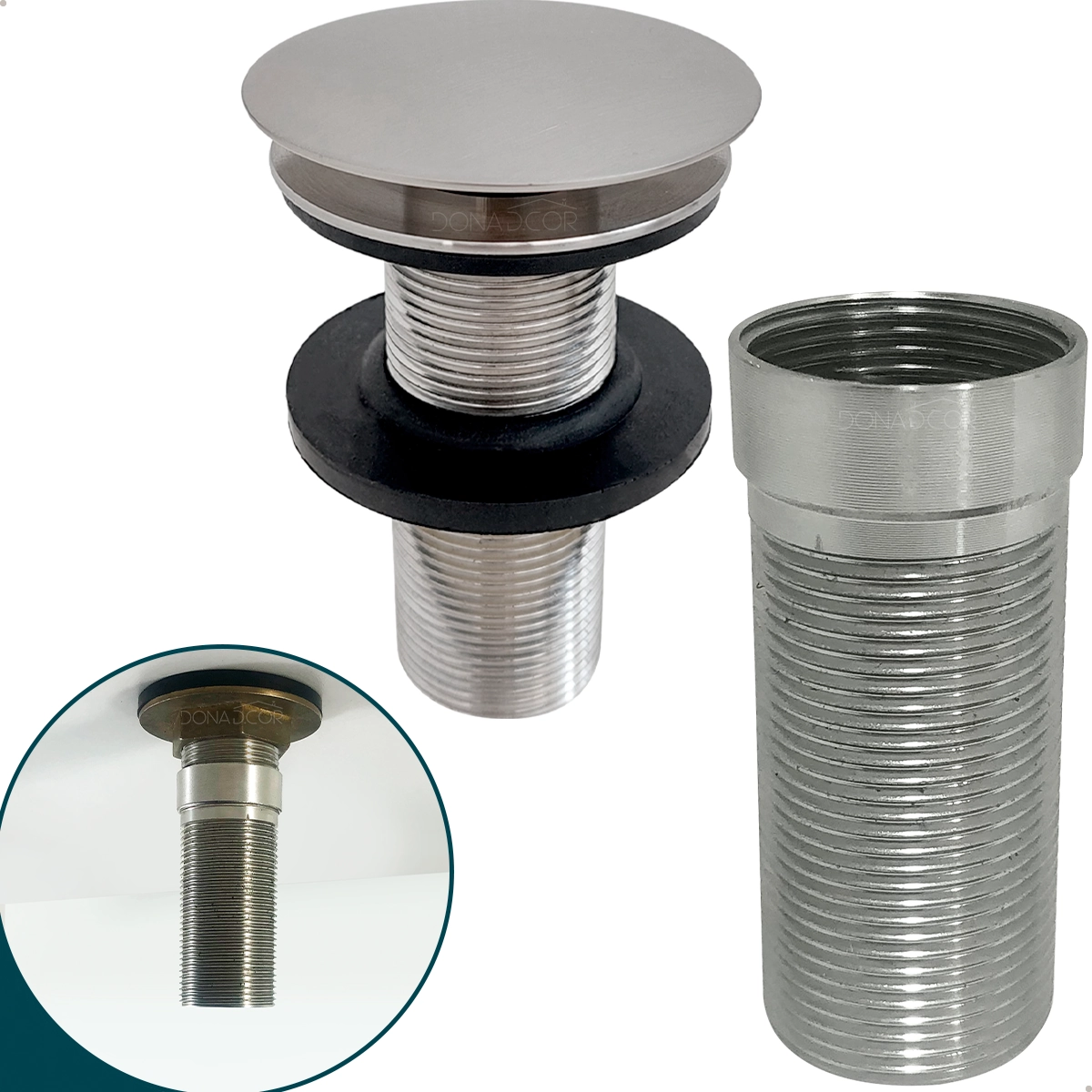 Valvula Click 1 1/4 Inox Escovado Com Prolongador 14cm Para Cuba De Apoio Sobrepor Ralo De Pia Escoamento Válvula Longa