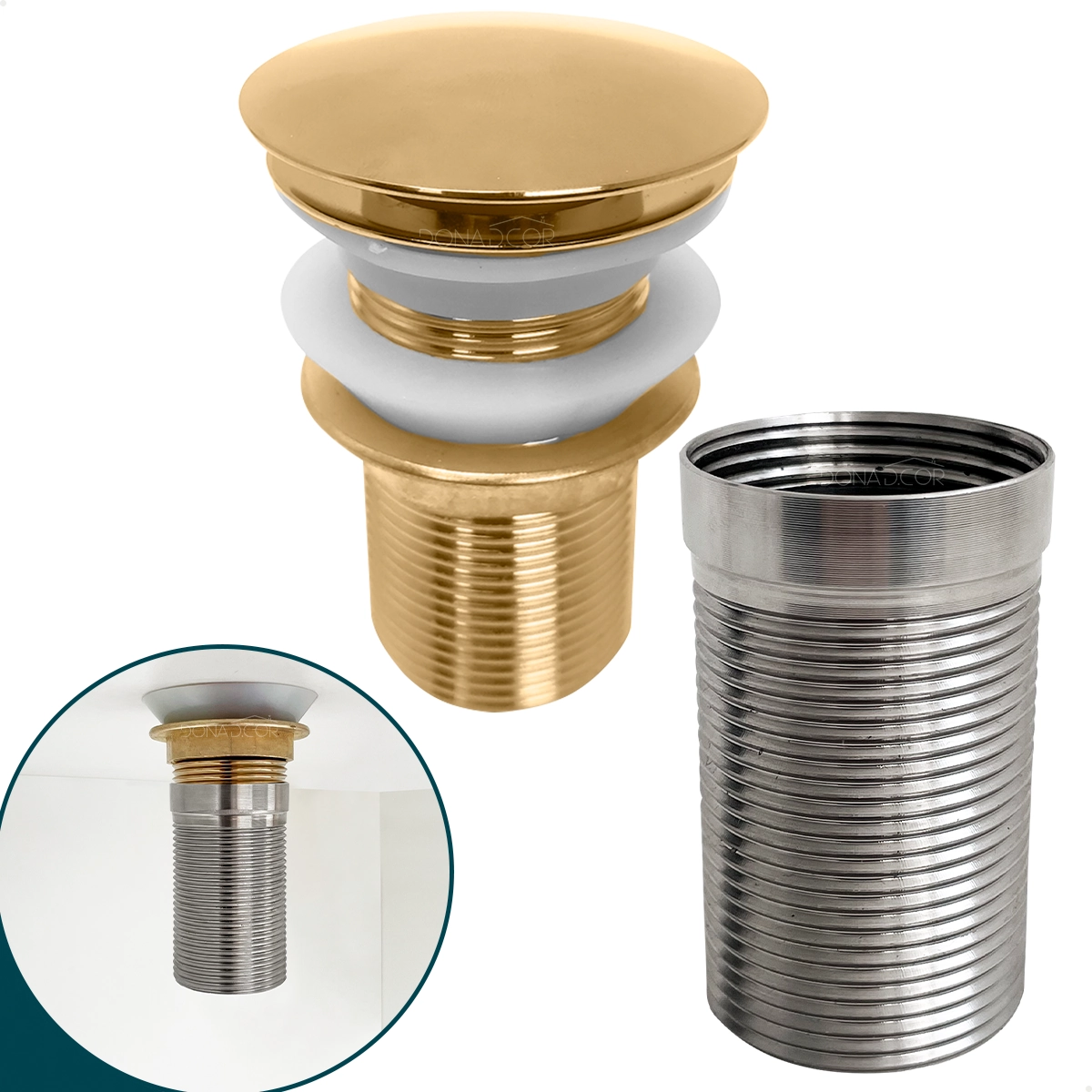 Valvula Click Dourada 1 1/4 Com Prolongador 14cm Inox Para Cuba De Apoio Ralo De Pia 40mm Escoamento Valvula Longa