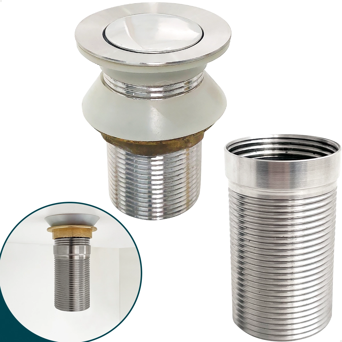 Valvula ralo pia Longa Com Prolongador 7/8 Inox Para Cuba De Apoio sobrepor 30mm Escoamento Valvula Click Lavatório