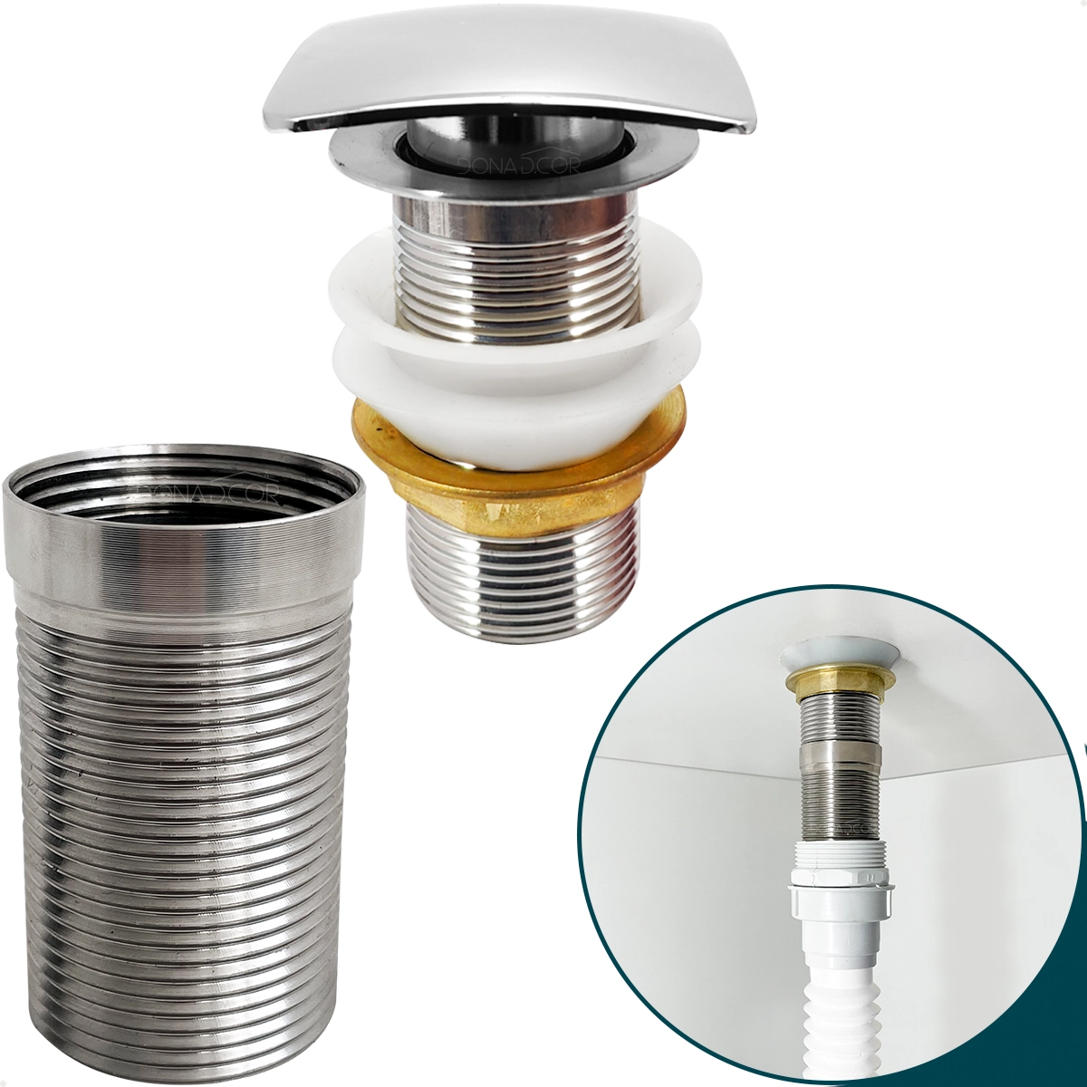 Valvula Click Quadrada 1 1/4 Com Prolongador 14cm Inox Para Cuba De Apoio Sobrepor Ralo De Pia 40mm Escoamento Valvula