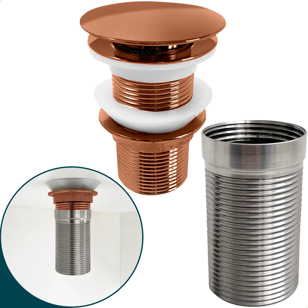 Valvula Click 1 1/4 Rose Gold Com Prolongador 14cm Inox Para Cuba De Apoio Ralo De Pia Escoamento Valvula Longa