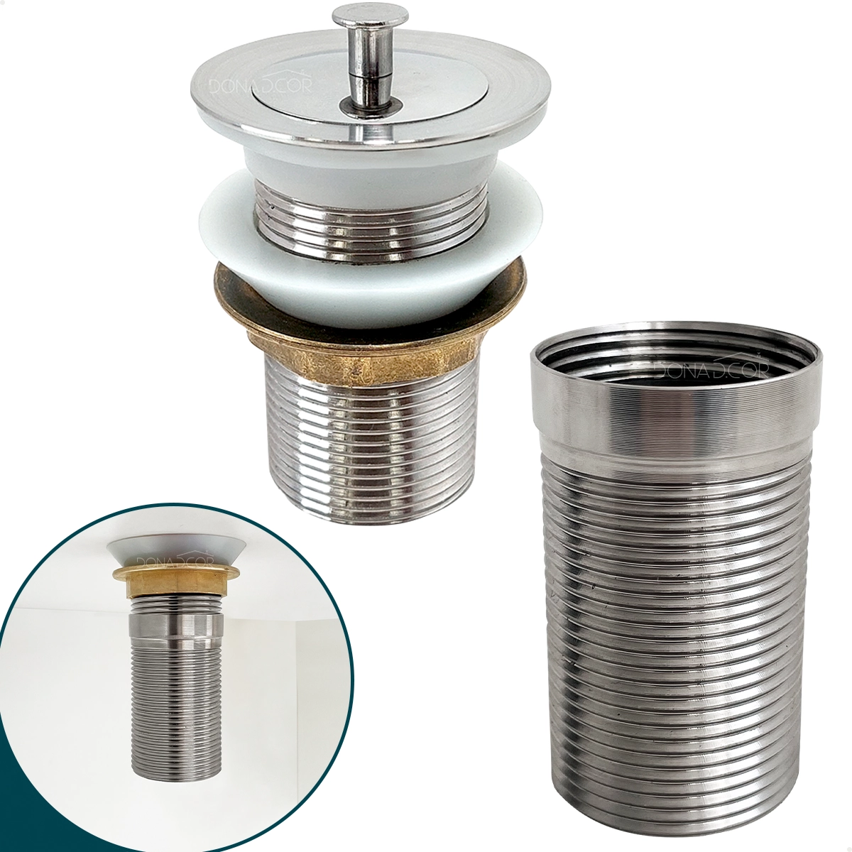 Valvula Tanque 1 1/4 Com Prolongador 14cm Para Cuba De Apoio Sobrepor Ralo De Pia 40mm Escoamento Válvula Longa Prata