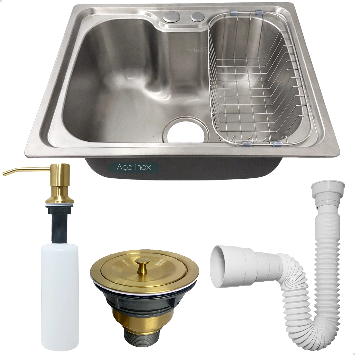 Cuba Gourmet Inox 304 Pia Cozinha 50x40 Cesto Escorredor Dispenser 350ml Dourado Valvula E Sifão