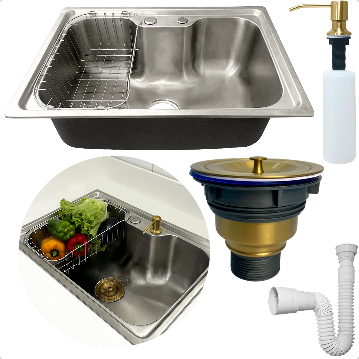 Cuba Gourmet Inox 304 Pia Cozinha 60x42 Cesto Escorredor Dispenser 500ml Dourado Valvula E Sifão
