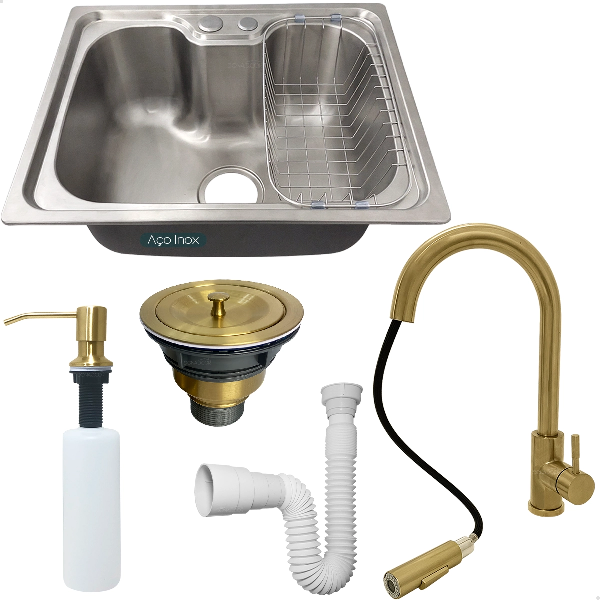 Kit Cuba Cozinha Gourmet Inox 304 50x40 Com Torneira Monocomando Dourada E Dispenser 500ml