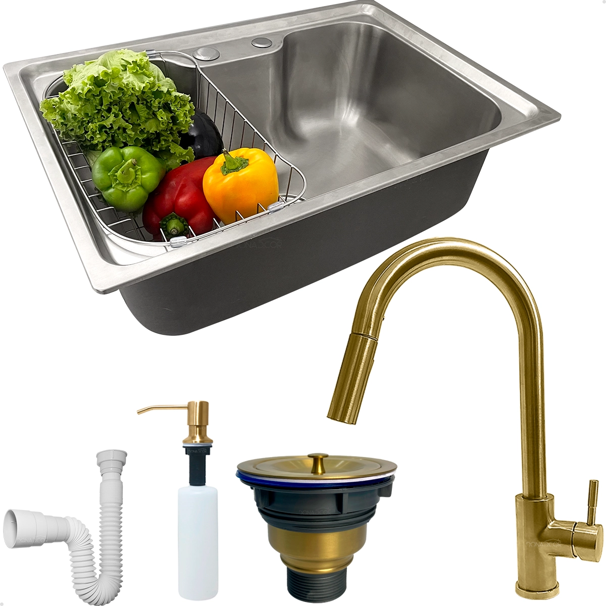 Kit Cuba Cozinha Gourmet Inox 304 60x42 Com Torneira Monocomando Dourada E Dispenser 500ml