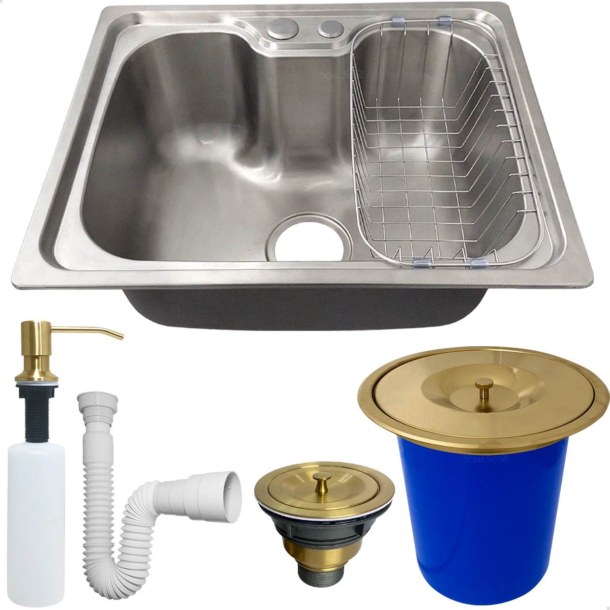 Cuba Gourmet Inox 304 50x40 Lixeira De Embutir 5 Litros Dourada Dispenser 350ml Kit Pia Cozinha