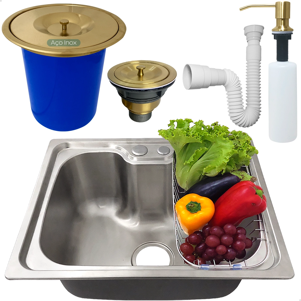 Cuba Gourmet Inox 50x40 Lixeira De Embutir 5 Litros Dourada Dispenser 500ml Kit Cozinha Completa