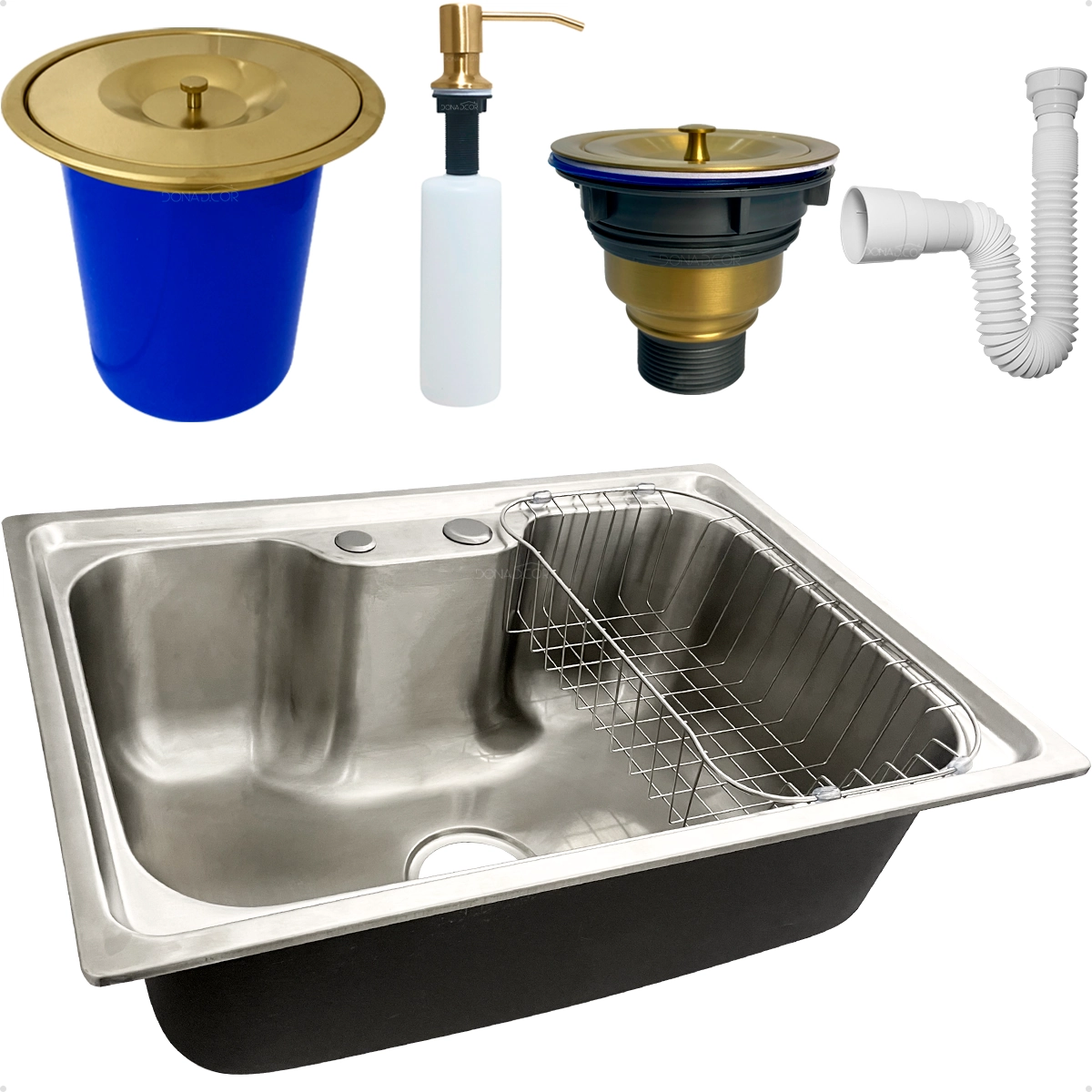 Cuba Gourmet Inox 304 60x42 Lixeira De Embutir 5 Litros Dourada Dispenser 350ml Kit Pia Cozinha
