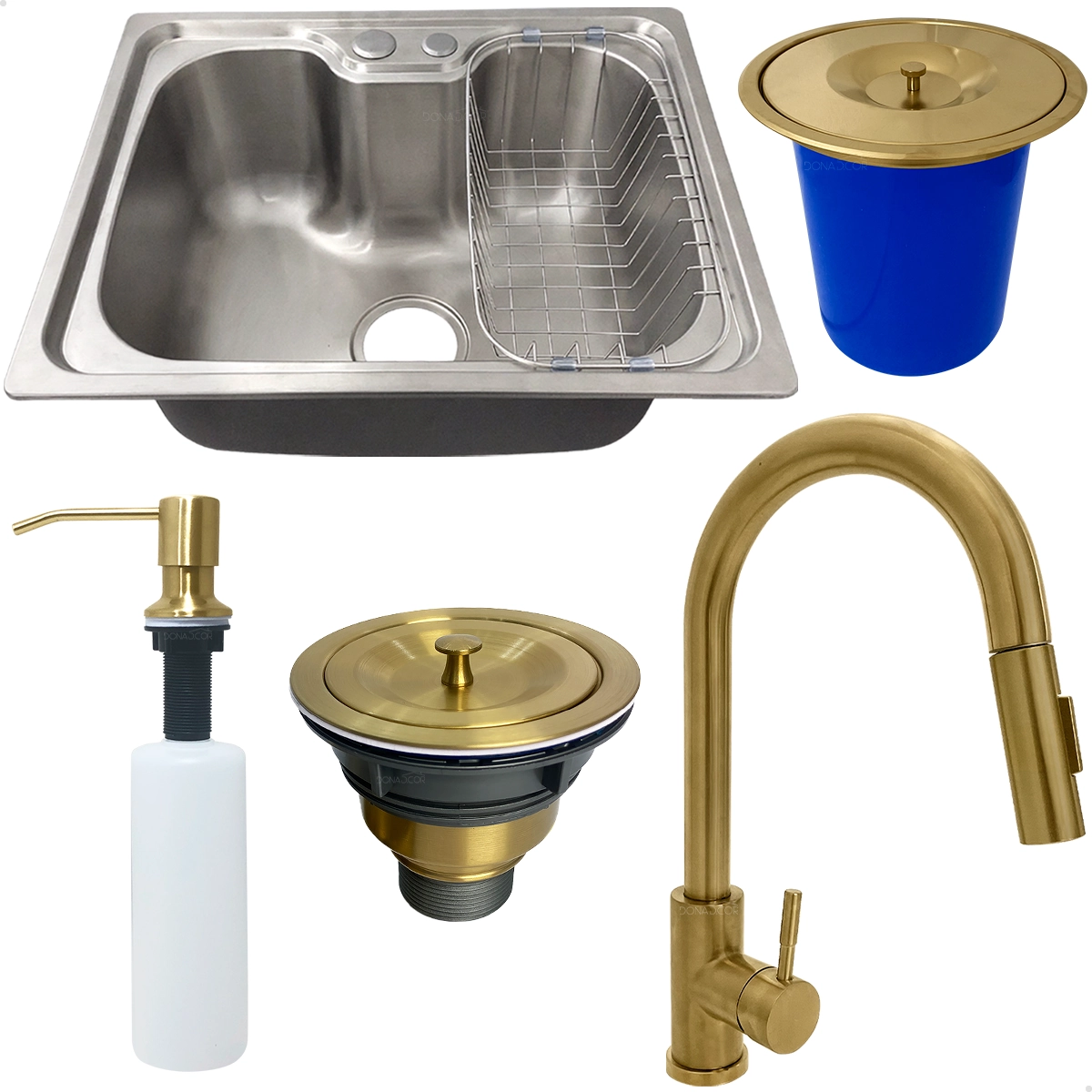 Cuba Inox 50x40 Gourmet Torneira Alta Lixeira 5 Litros Embutir Dispenser 500ml Kit Cozinha Dourada