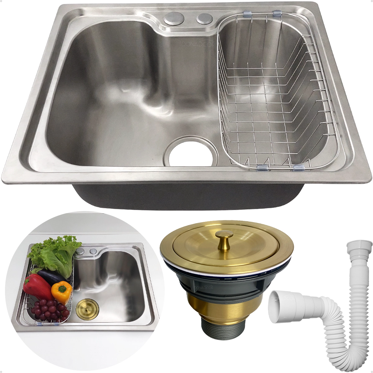 Cuba Inox 304 Cozinha Gourmet 50x40 Sobrepor Pia Bancada Com Cesto Escorredor Valvula Higienica Dourada E Sifão Flexivel