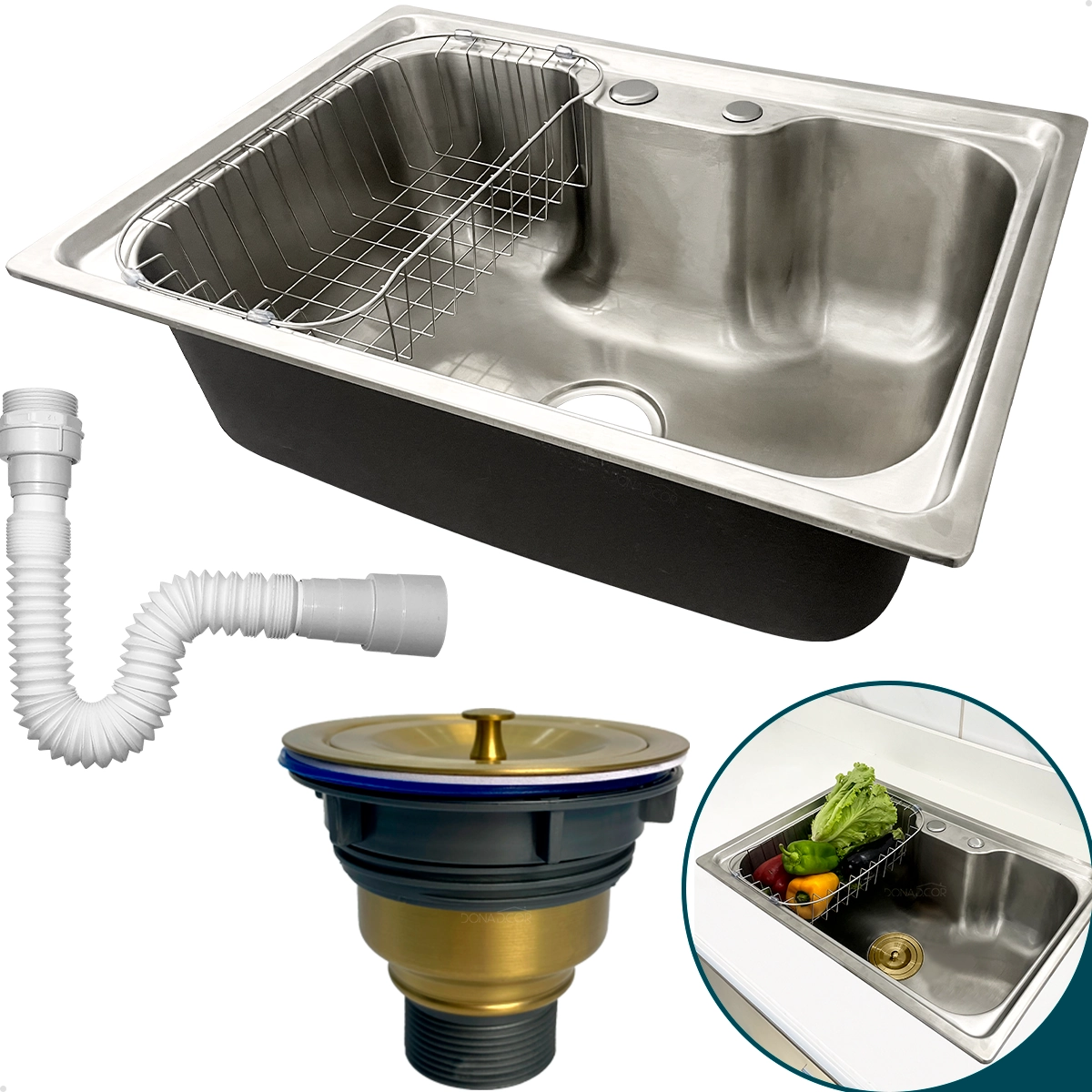 Cuba Gourmet Inox304 60x42 Pia Cozinha Com Cesto Escorredor Valvula Higienica Dourada Sifão Flexivel