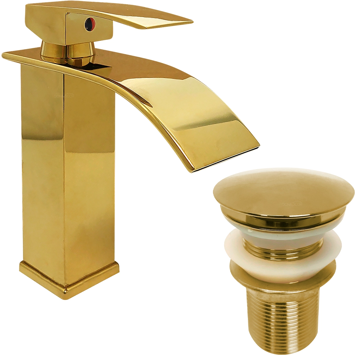 Torneira Dourada Pia Banheiro Bica Baixa Cascata E Valvula Click 1 ¼ Aço Inox Kit Torneira Gold Luxo