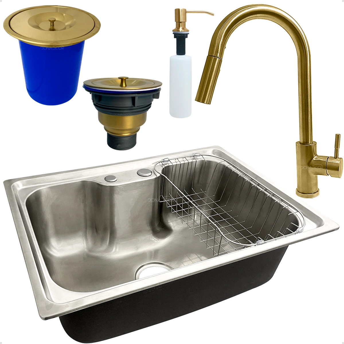 Cuba Inox 60x42 Gourmet Torneira Alta Lixeira 5 Litros Embutir Dispenser 500ml Kit Cozinha Dourada