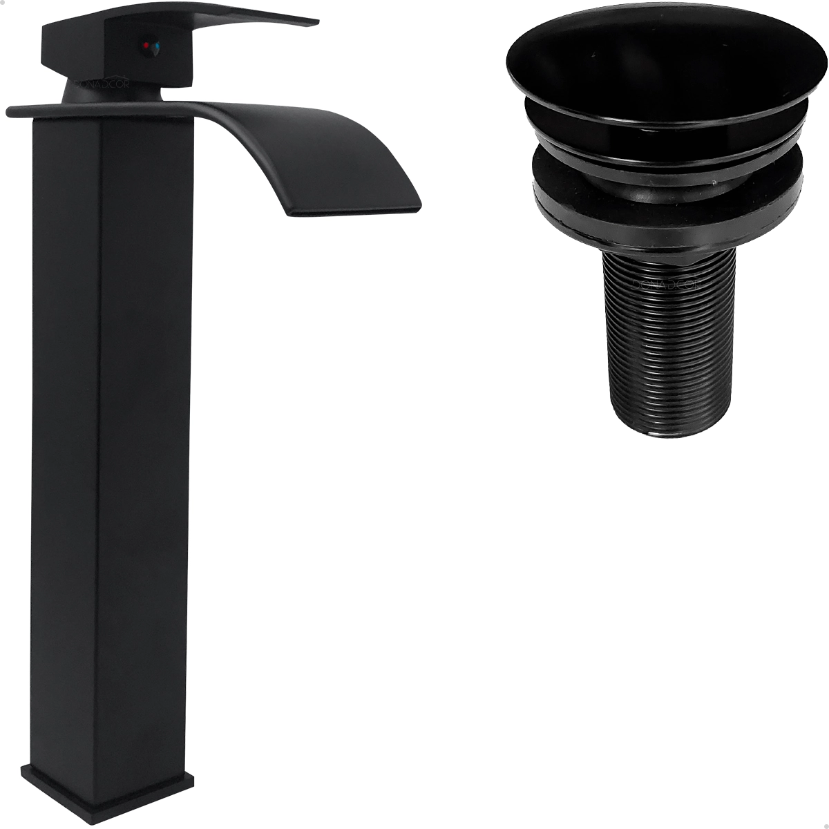 Torneira Preta Quadrada Bica Alta Cascata E Valvula Click 7/8 Aço Inox Kit Pia Banheiro Monocomando