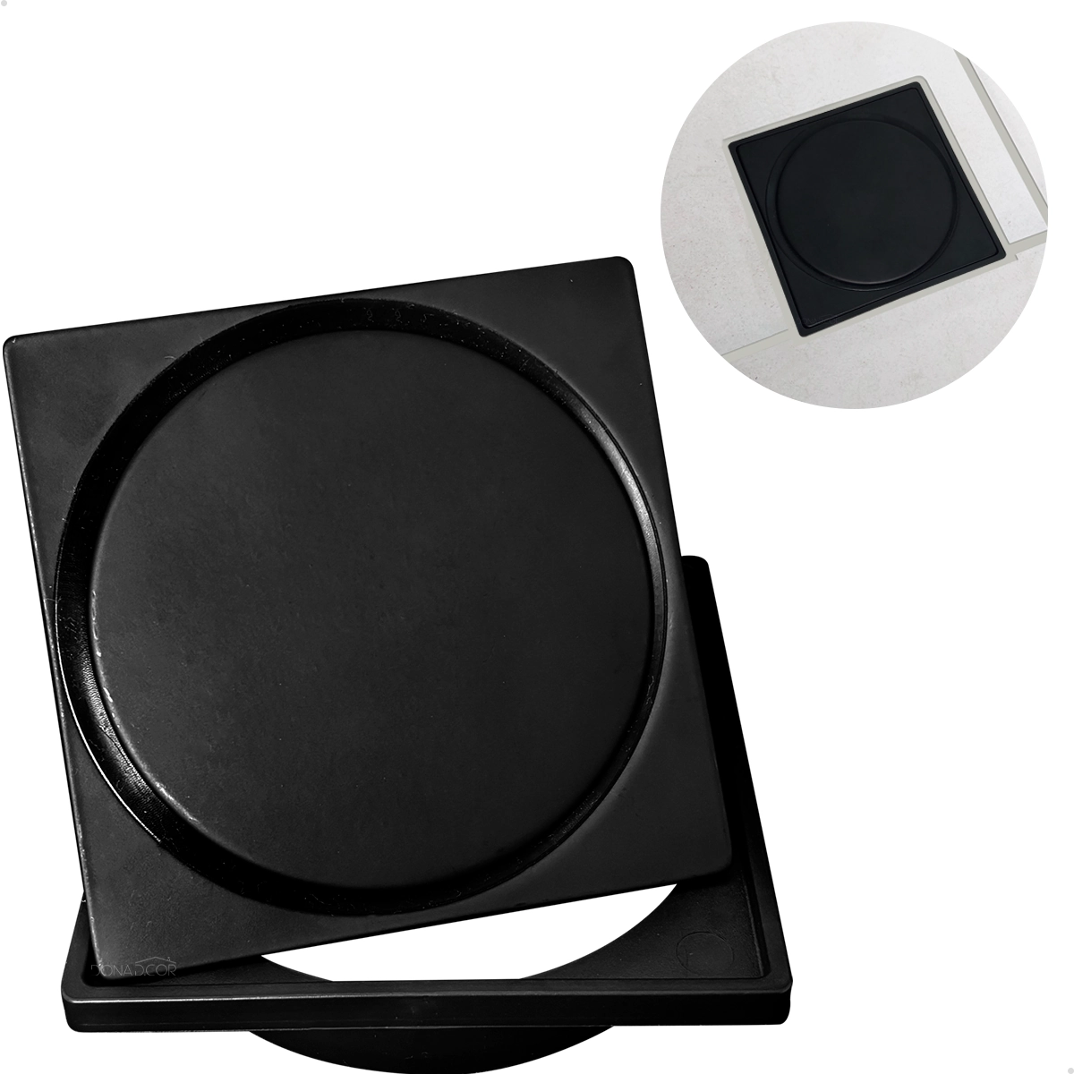 Ralo Click Preto Inox 10x10 E Porta Grelha De Plástico Quadrado Caixilho Suporte Para Ralo Banheiro