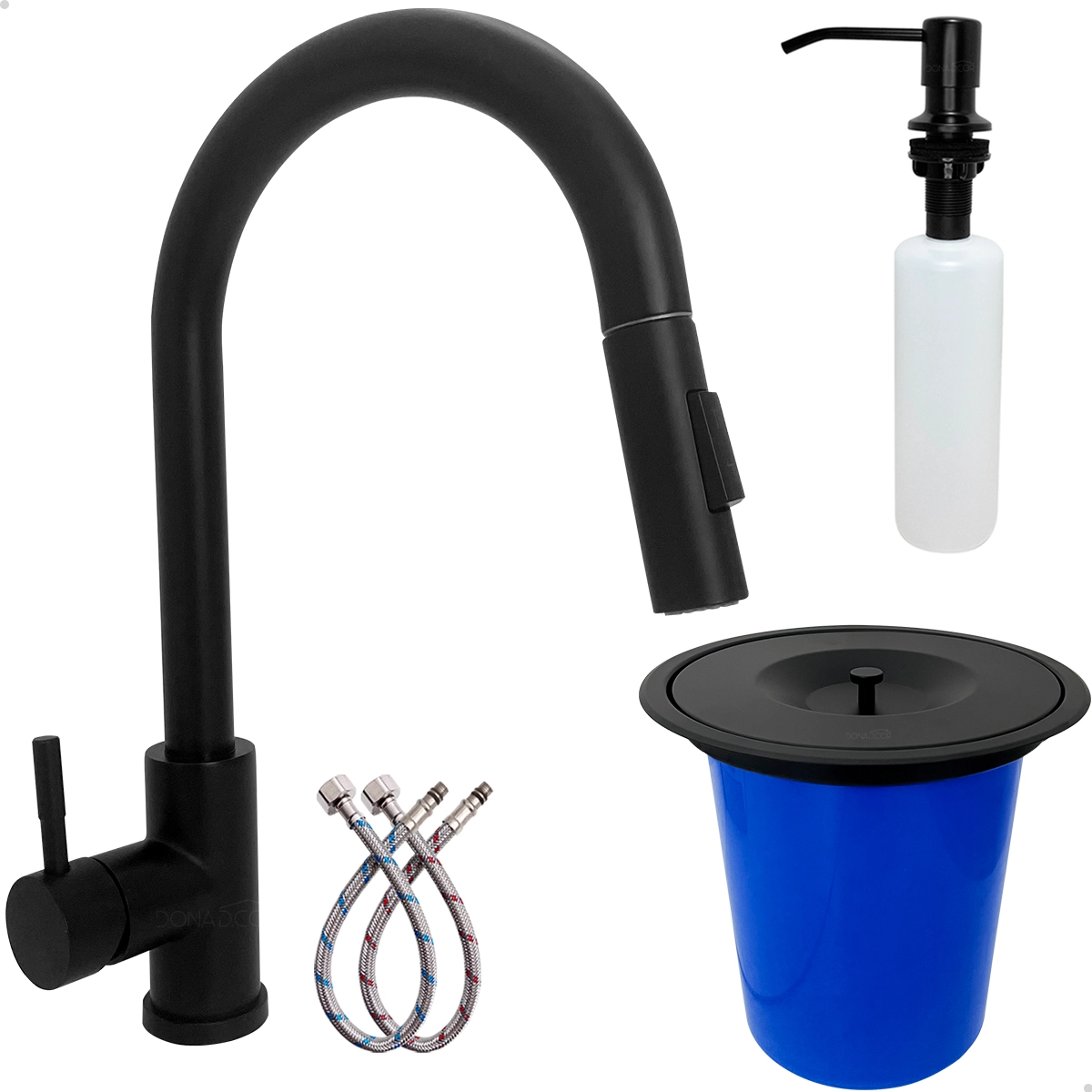 Kit Cozinha Torneira Pia Bancada Gourmet Lixeira 5l E Dispenser Dosador 500ml Inox 304 Preto Fosco