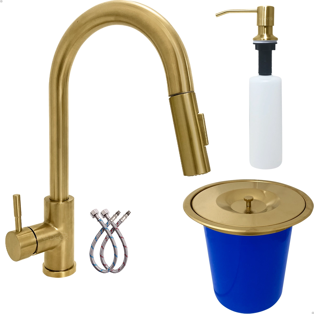 Kit Cozinha Dourado Escovado Torneira Pia Bancada Gourmet Lixeira 5l Dispenser Dosador 350ml Inox304