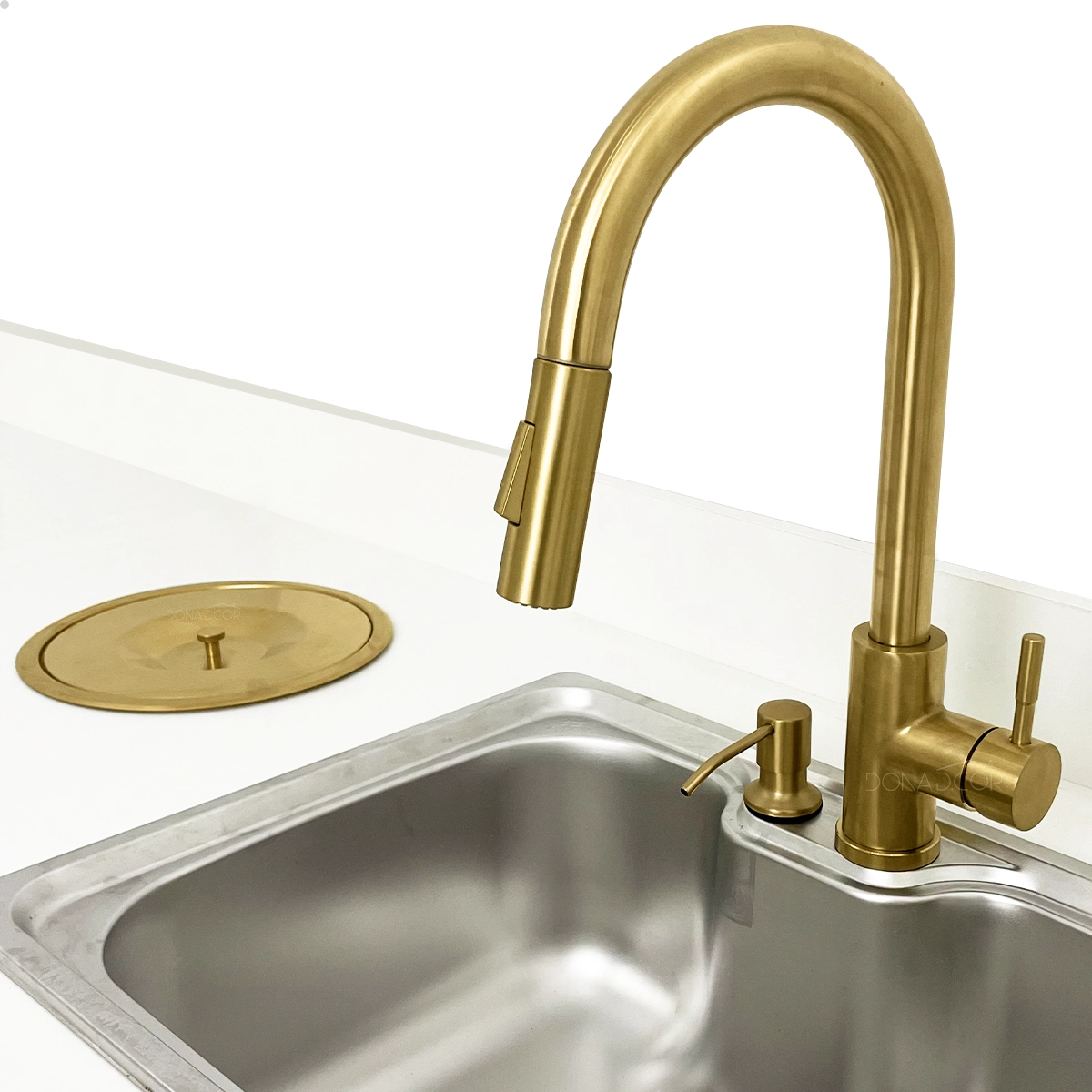Kit Cozinha Dourado Escovado Torneira Pia Bancada Gourmet Lixeira 5l Dispenser Dosador 500ml Inox304