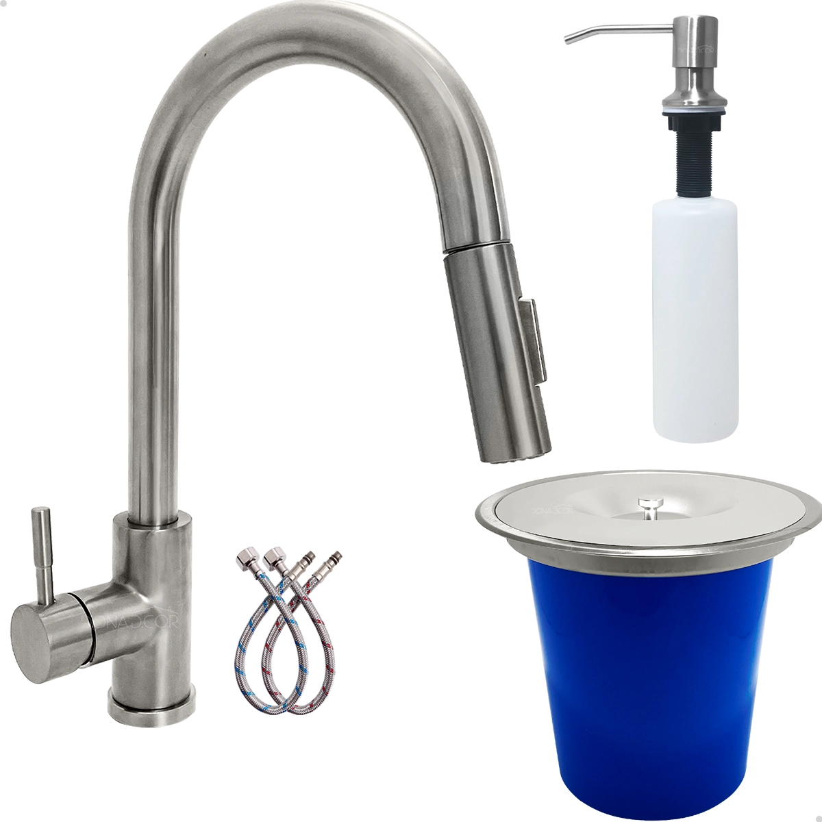 Kit Cozinha Torneira Pia Bancada Gourmet Lixeira 5l Dispenser Dosador 350ml Inox 304 Fosco Escovado