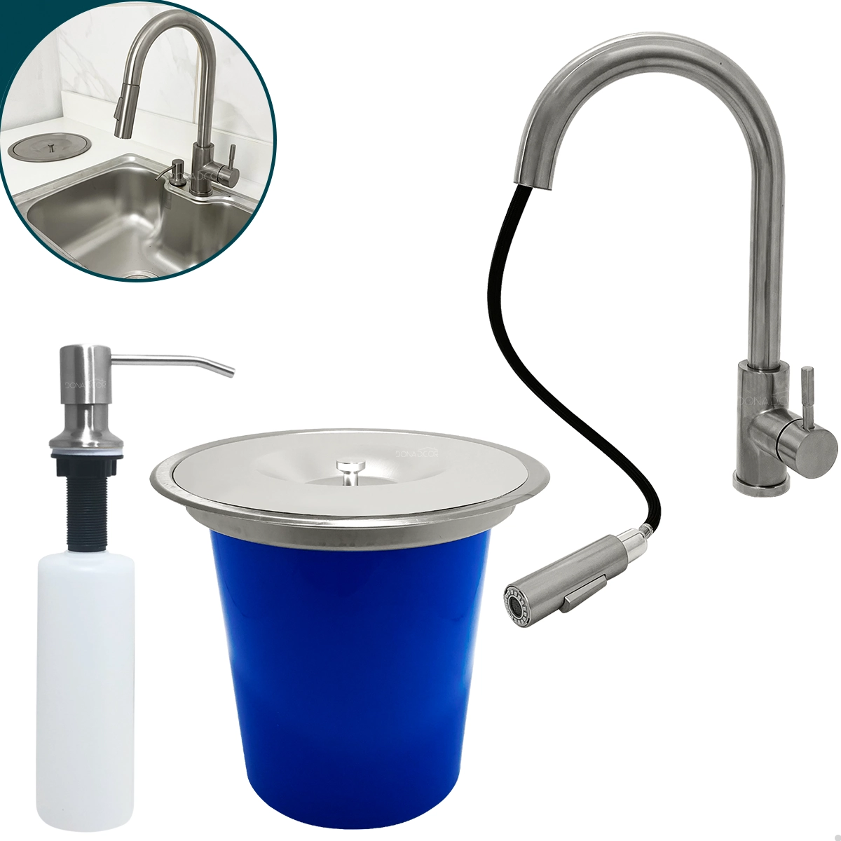 Kit Cozinha Torneira Pia Bancada Gourmet Lixeira 5l Dispenser Dosador 500ml Inox 304 Fosco Escovado