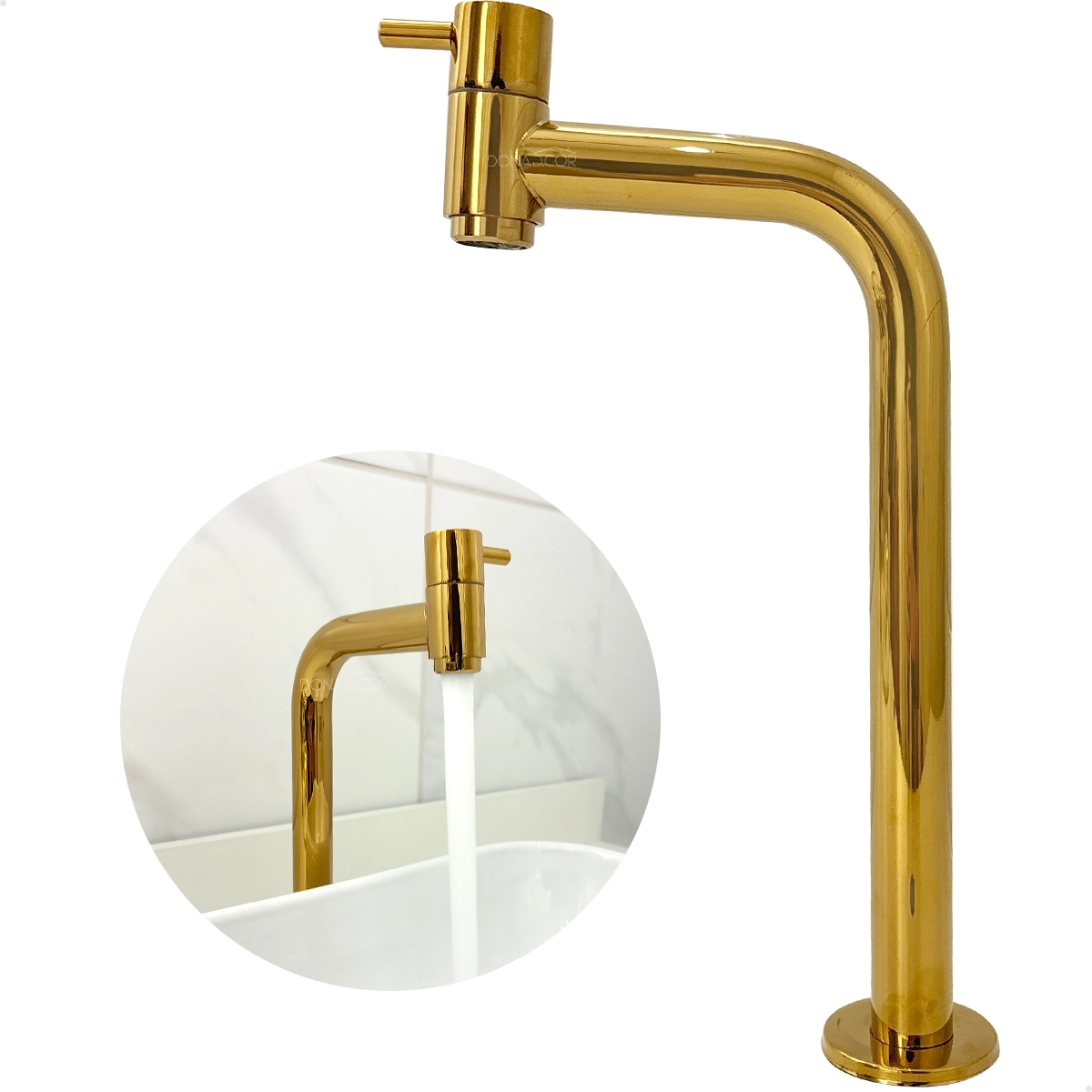 Torneira Fria Dourada Inox 304 Bica Alta 90 Graus 1/4 de Volta Pia Banheiro Simples Cuba De Sobrepor
