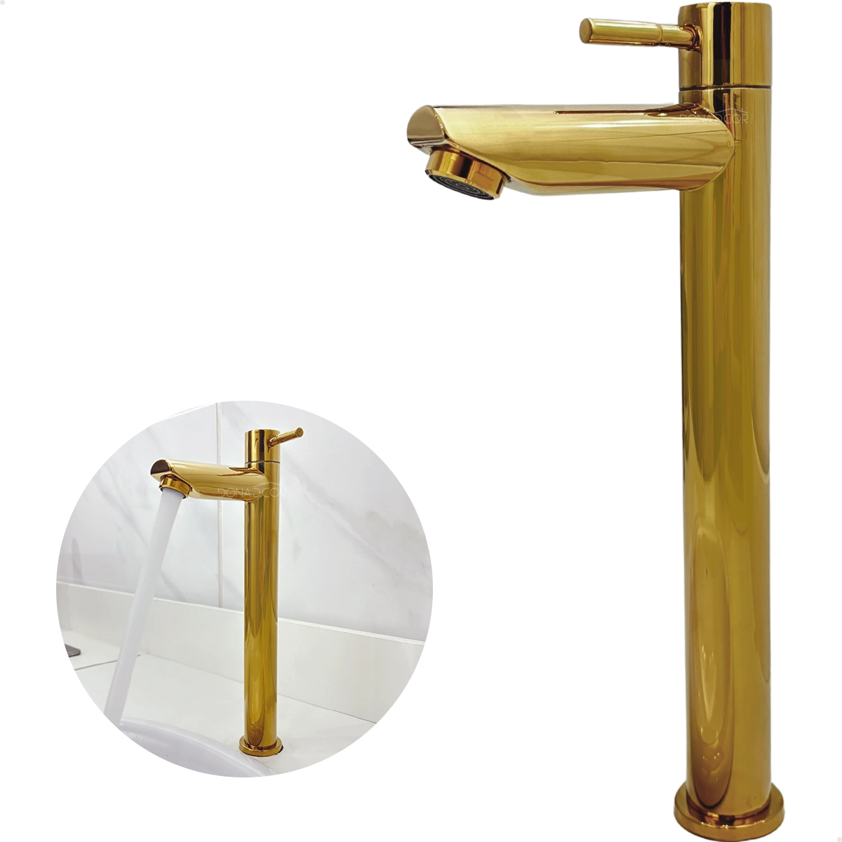 Torneira Fria Dourada Inox 304 Bica Alta 1/4 De Volta Pia Banheiro Simples Cuba De Sobrepor Lavabo