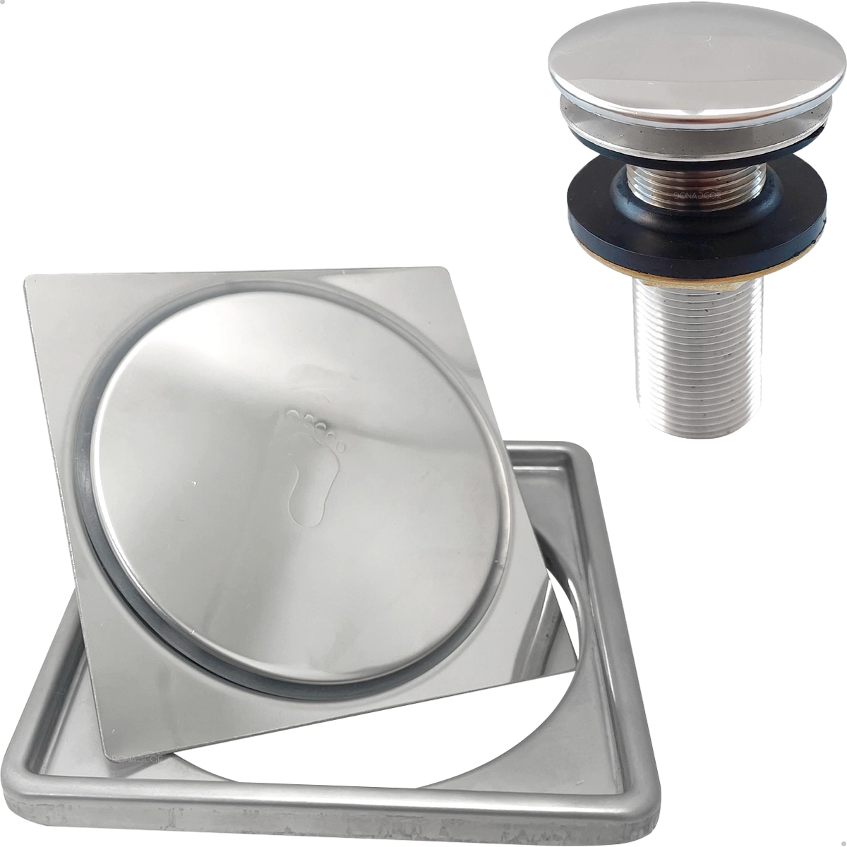 Ralo Click E Porta Grelha Inox 10cm Valvula Click 7/8 Kit Banheiro Completo Brilhoso Ralo Pia 30mm