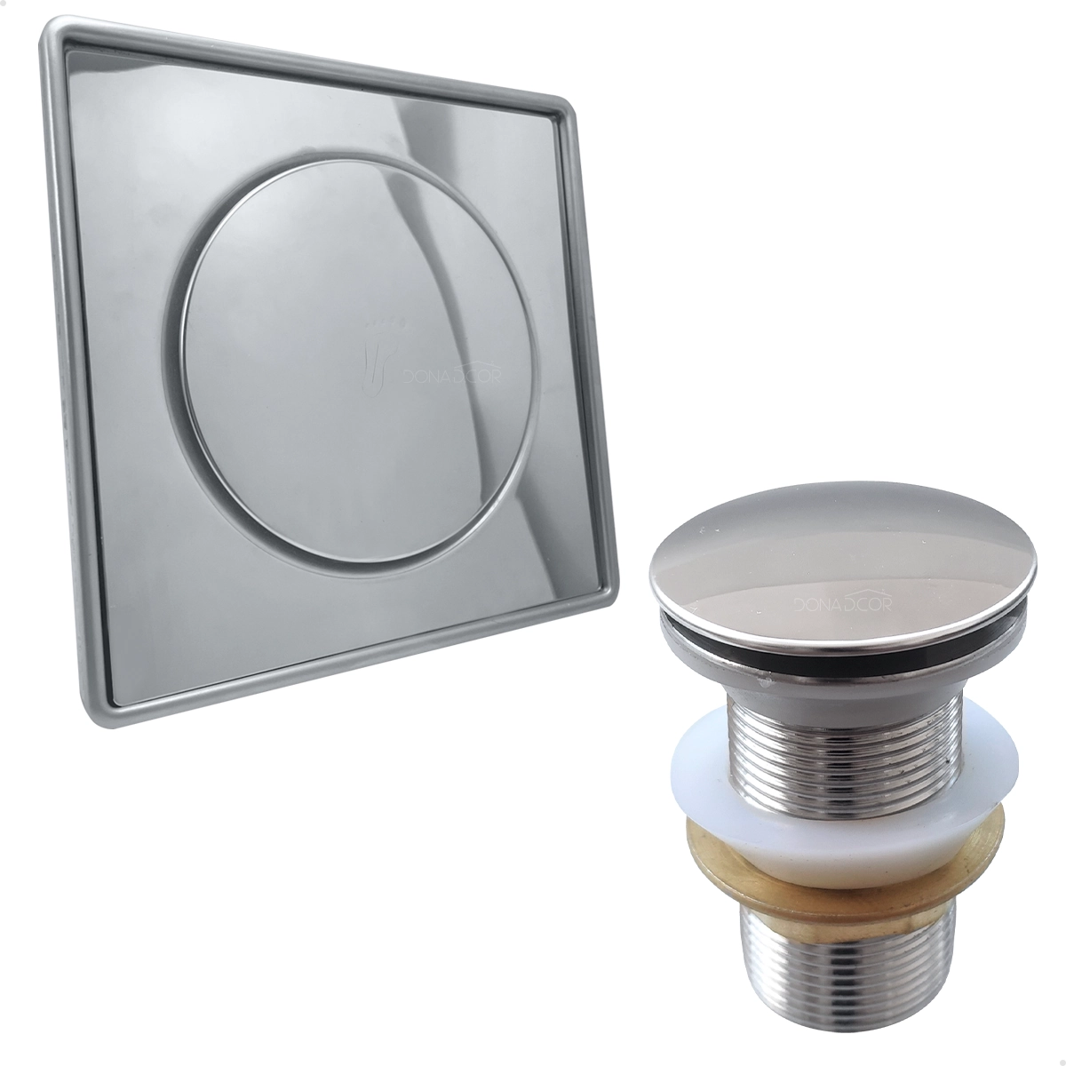 Ralo Click E Porta Grelha Inox 15x15 E Valvula Click 1 1/4 Kit Banheiro Completo Caixilho Quadrado Ralo Pia 40mm