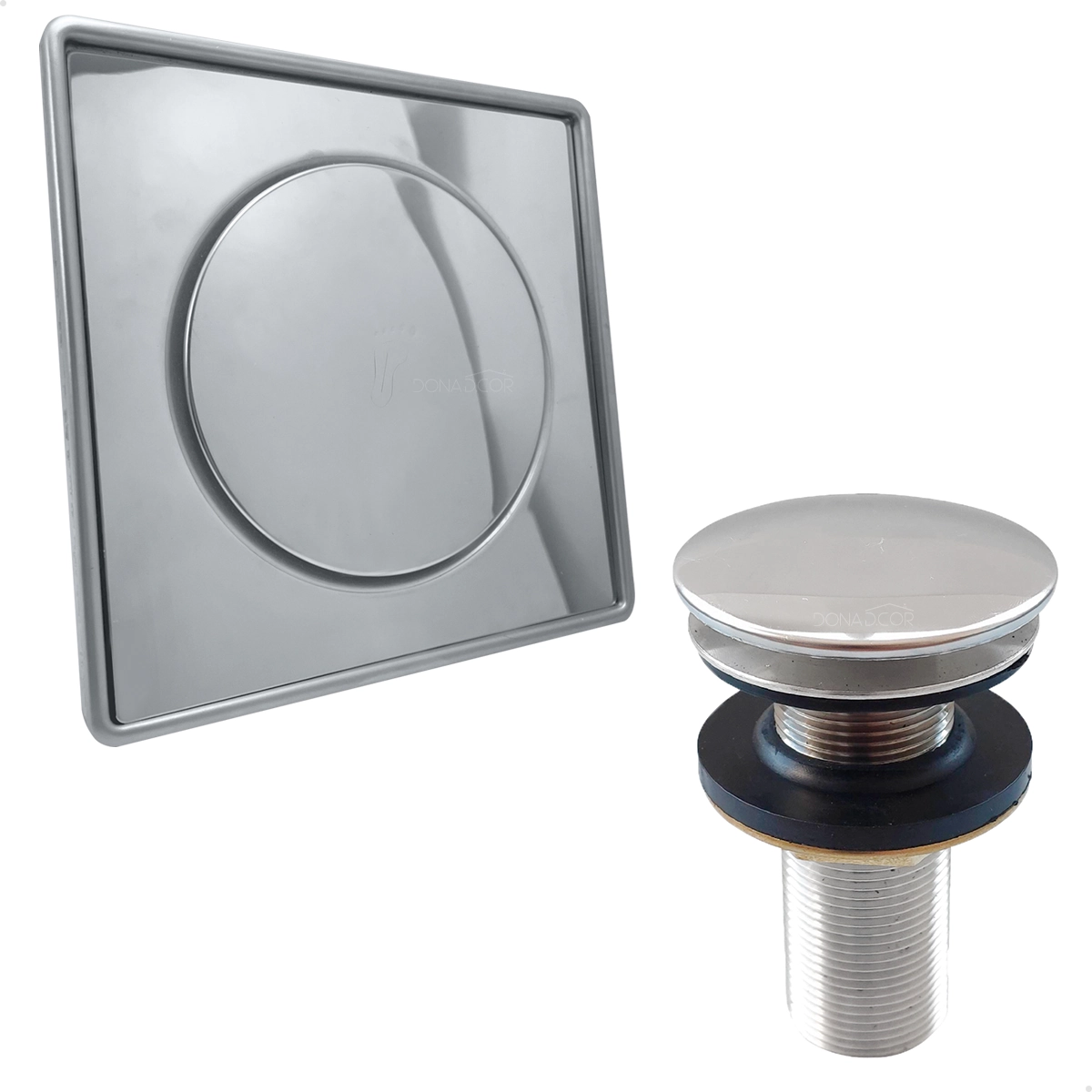 Ralo Click E Porta Grelha Inox 15x15 E Valvula Click 7/8 Kit Banheiro Completo Caixilho Quadrado 15cm Ralo Pia