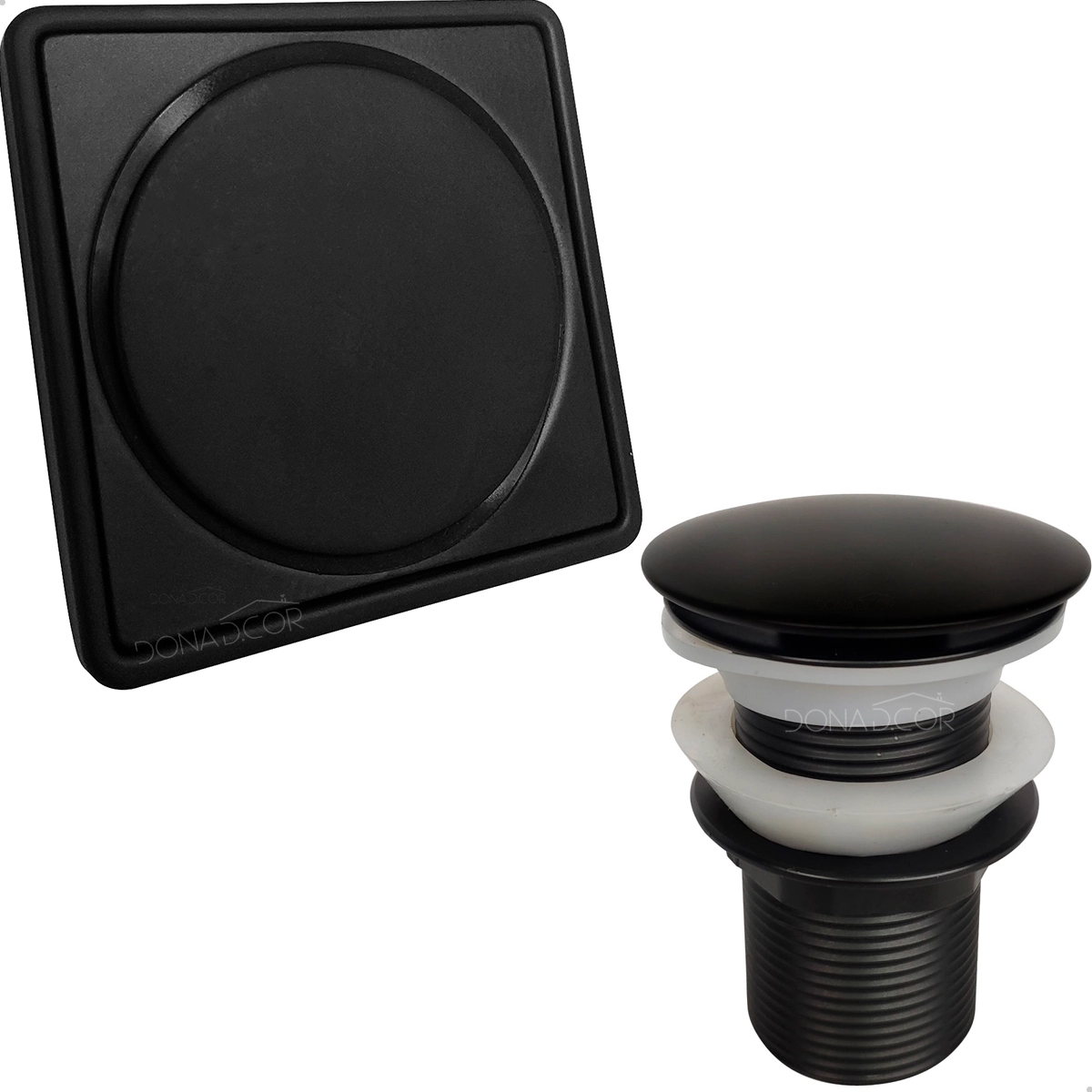 Ralo Click Preto E Porta Grelha 10x10 Valvula Click 1 1/4 Inox Kit Banheiro Completo Caixilho Quadrado 10cm Ralo Pia