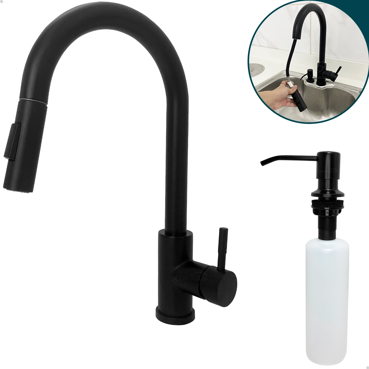 Torneira Pia Cozinha Preta E Dispenser Dosador Detergente Preto 350ml Kit Cozinha Inox 304 Porta Detergente De Embutir