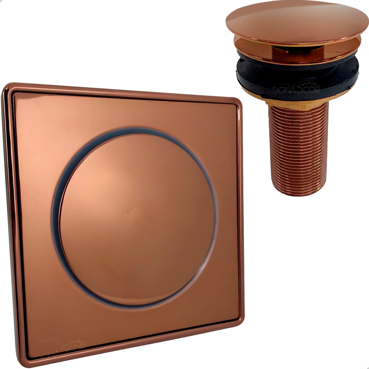 Ralo Click Rose Gold E Porta Grelha 15x15 Valvula Click 7/8 Inox Kit Banheiro Completo Brilhoso
