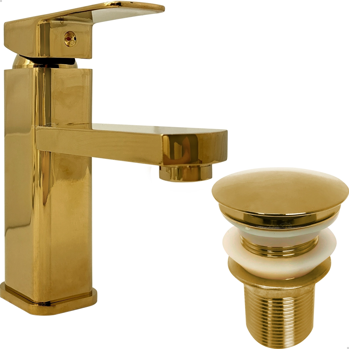 Kit Torneira Banheiro Dourada Bica Baixa E Válvula Click 1 1/4 Aço Inox Pia Misturador Monocomando