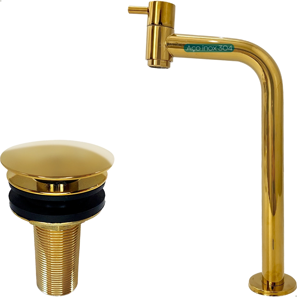Torneira Dourada Bica Alta E Válvula Click 7/8 Inox Pia Banheiro Torneira Fria 90 Graus 1/4 De Volta