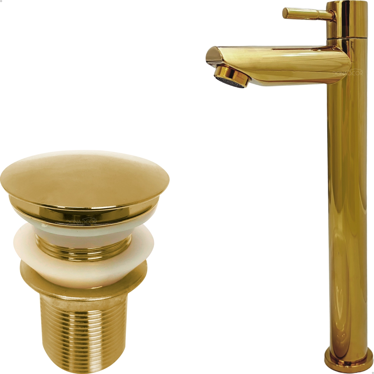 Kit Torneira Dourada Bica Alta Válvula Click 1 1/4 Inox Pia Banheiro Torneira Fria Simples 1/4 Volta