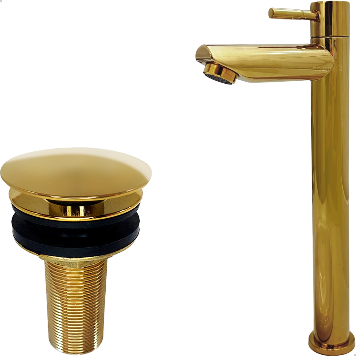 Kit Torneira Dourada Bica Alta Válvula Click 7/8 Inox Pia Banheiro Torneira Fria Simples 1/4 Volta