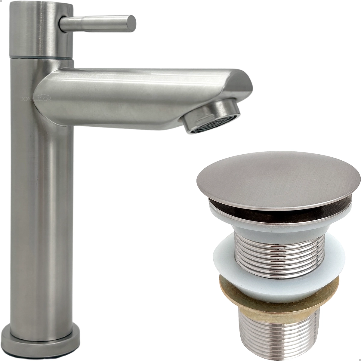 Kit Torneira Inox Escovado Bica Baixa E Válvula Click 1  1/4 Ralo Pia Banheiro Torneira Fria Simples