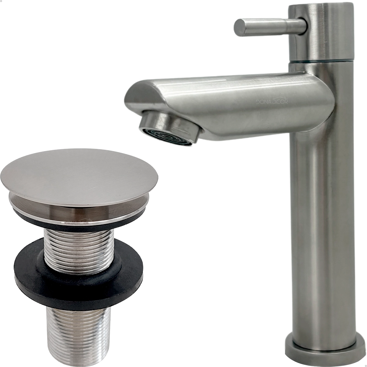 Kit Torneira Inox Escovado Bica Baixa  E Válvula Click  7/8  Ralo Pia Banheiro Torneira Fria Simples