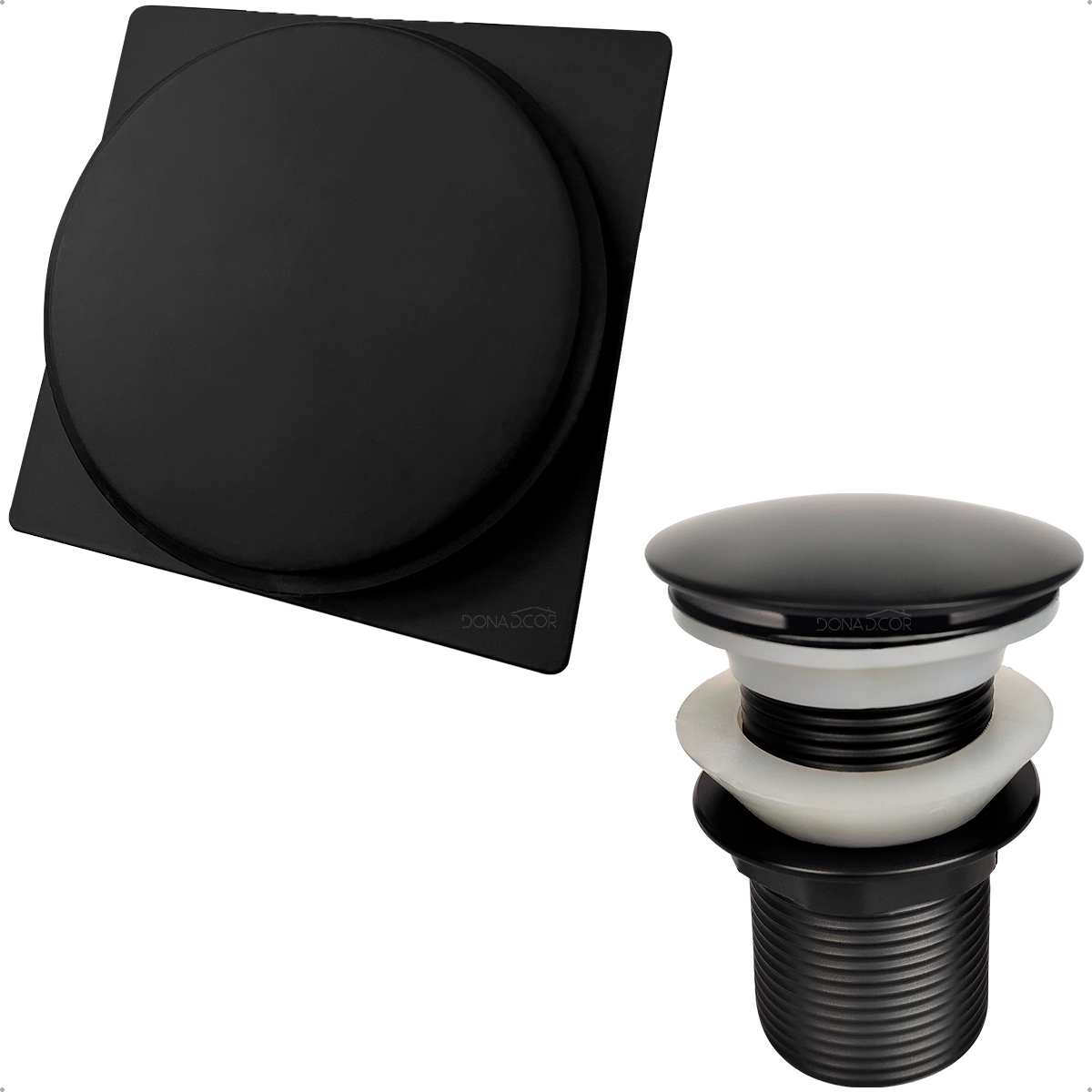 Ralo Click 10x10 Cm E Válvula Click 1 1/4 Aço Inox Preto Fosco Kit Escoamento Banheiro Ralo Pia Inteligente 40mm
