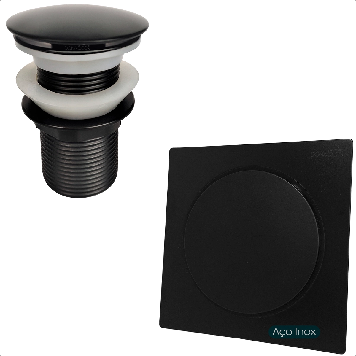 Kit Ralo Click 15x15 Cm E Válvula Click 1 1/4 Aço Inox Preto Fosco Ralo Pia Inteligente Vedação Antiodor Alta Qualidade